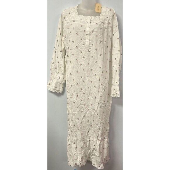 NWT EKOUAER Cotton Nightgown Size Large Ivory Floral White Lace Trim - Picture 1 of 4